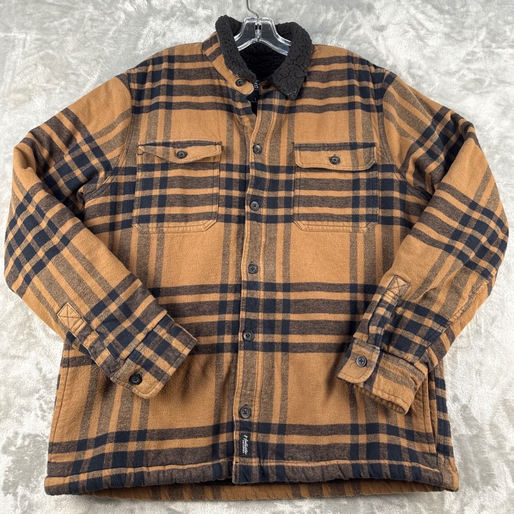 Hollister Shirt Jacket Mens Large Plaid Brown Sherpa Lined Flannel EUC